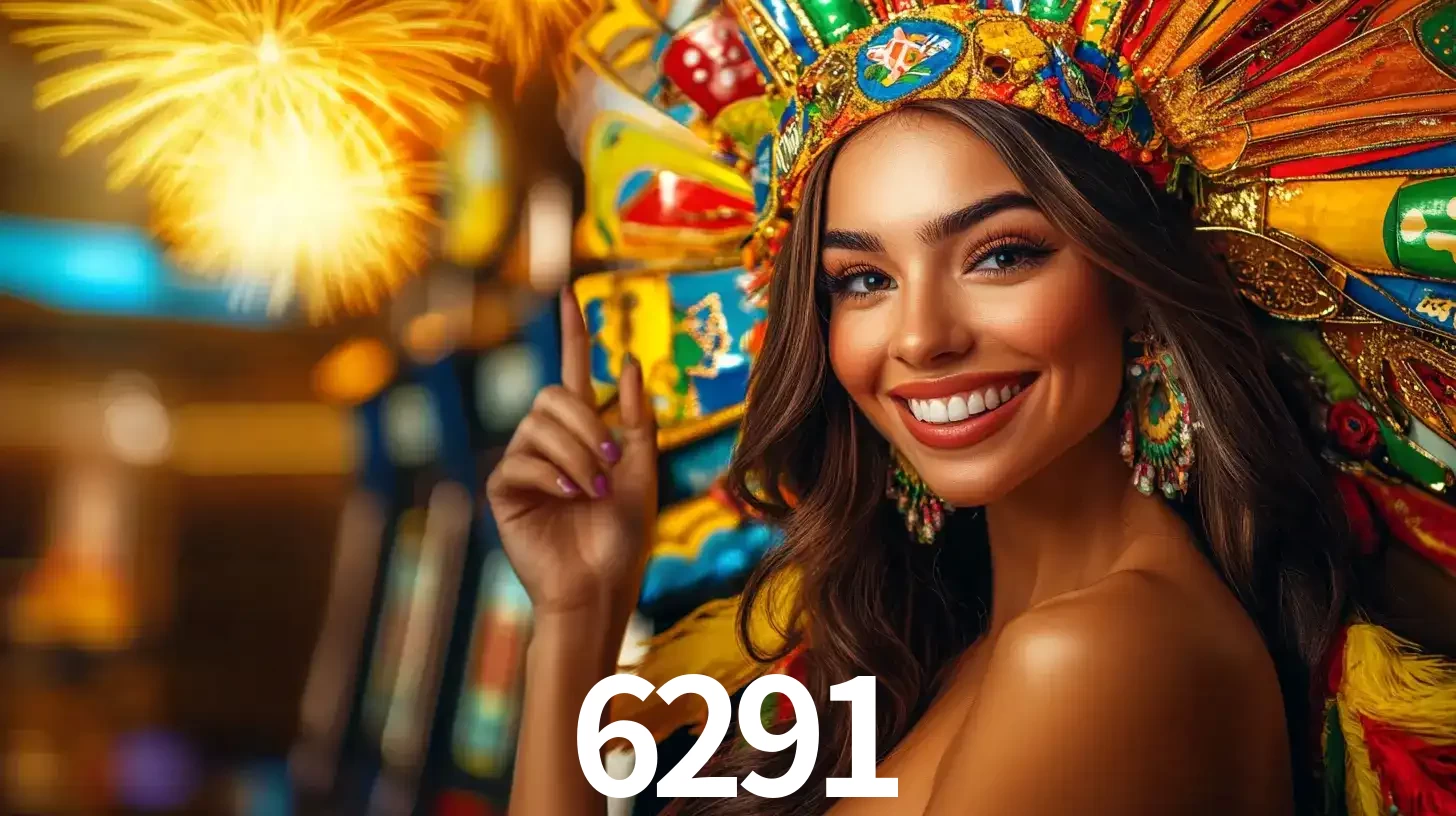Mulher sorridente com um cocar de carnaval vibrante e colorido, celebrando uma grande vitória nos jogos do cassino 6291 com fogos de artifício ao fundo.