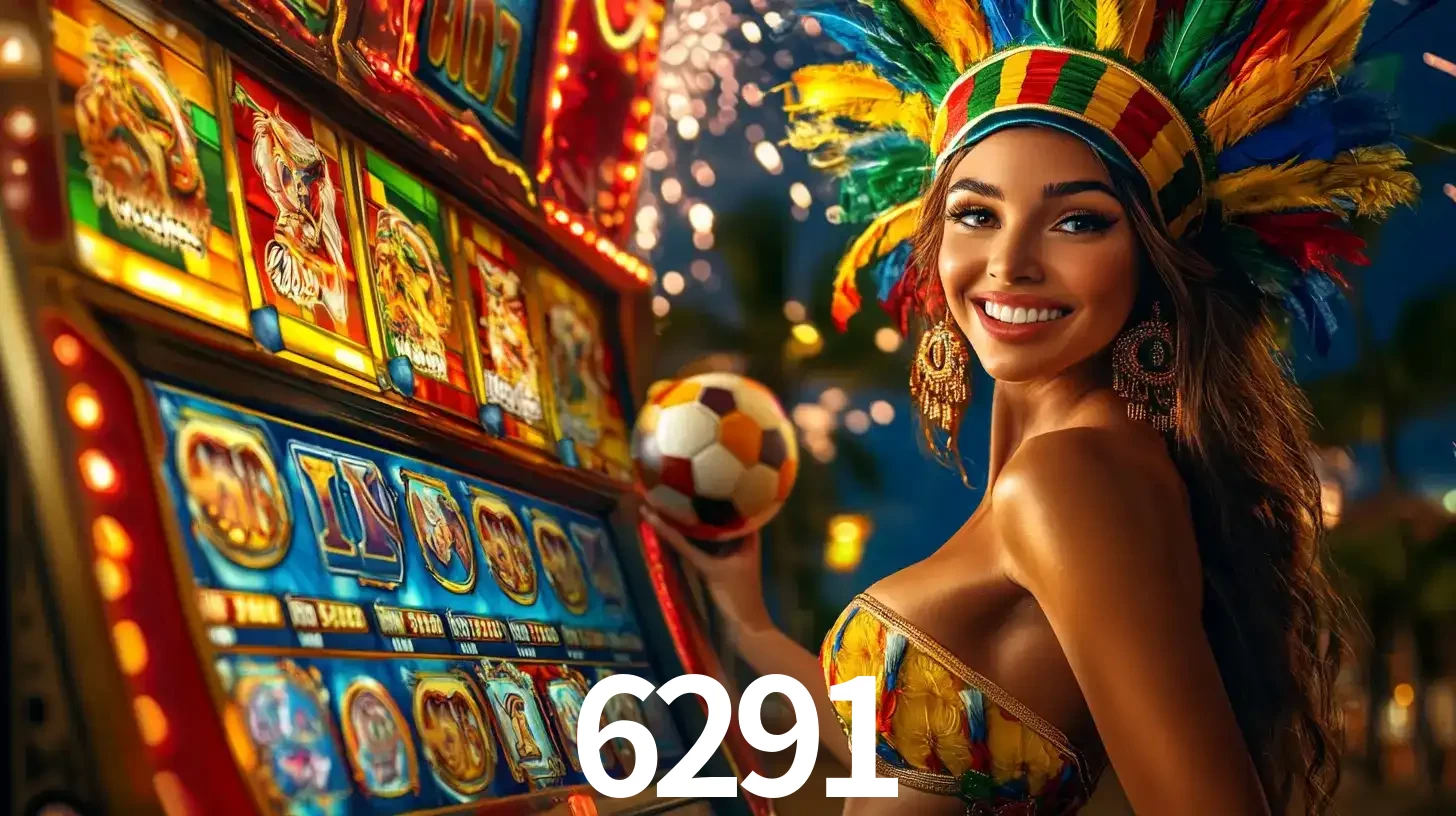 Mulher com um cocar de carnaval ao lado de uma máquina de caça-níqueis enquanto segura uma bola de futebol, mostrando a união da diversão de cassino e esportes no 6291.