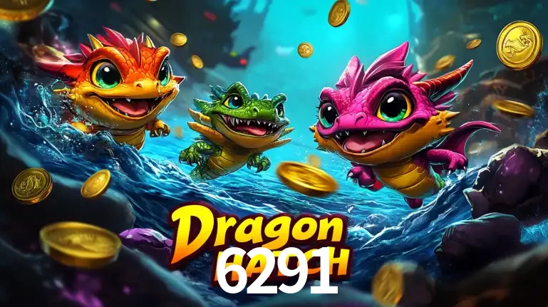Arte promocional do jogo Dragon Hatch com três adoráveis dragões bebês nadando entre moedas de ouro, um dos slots mais divertidos para jogar no cassino 6291.