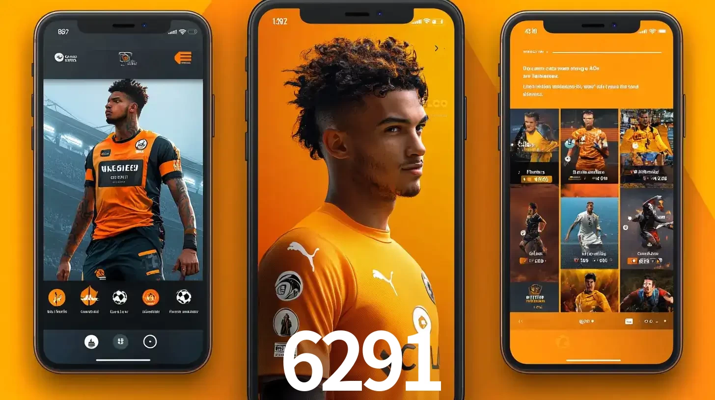 Interface do aplicativo de apostas esportivas 6291 em três telas de celular, mostrando o perfil de um jogador de futebol e a lista de jogos disponíveis para apostar.