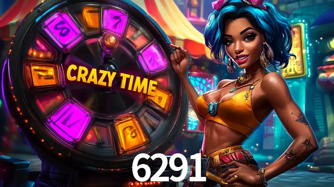 Mulher estilizada com cabelo azul e visual vibrante posando ao lado da roda de prêmios do game show Crazy Time, convidando para a diversão e os bônus do cassino 6291.
