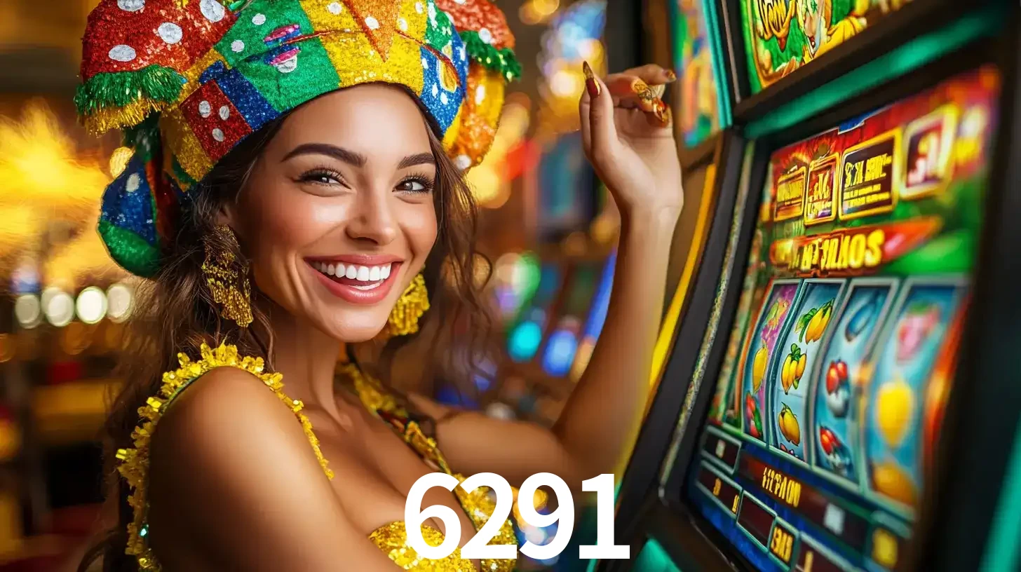 Mulher feliz com traje de carnaval amarelo e colorido ao lado de uma máquina de caça-níqueis, aproveitando a diversão e os jogos temáticos do cassino 6291.