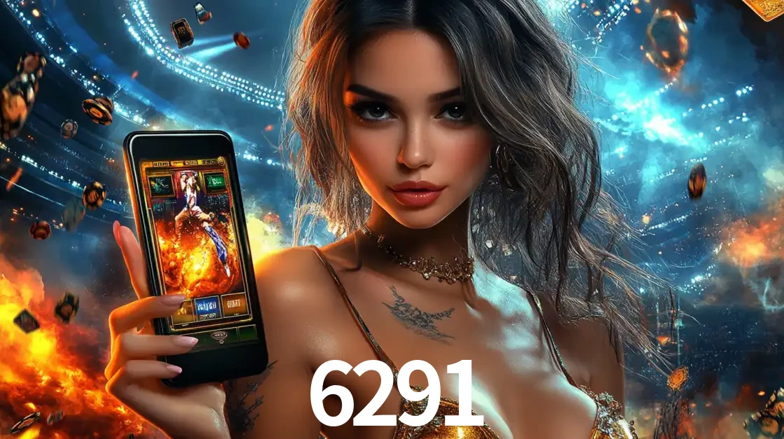 Mulher segurando um celular com um jogo de slot em destaque, tendo como fundo um estádio vibrante, simbolizando a emoção de jogar no cassino móvel 6291.